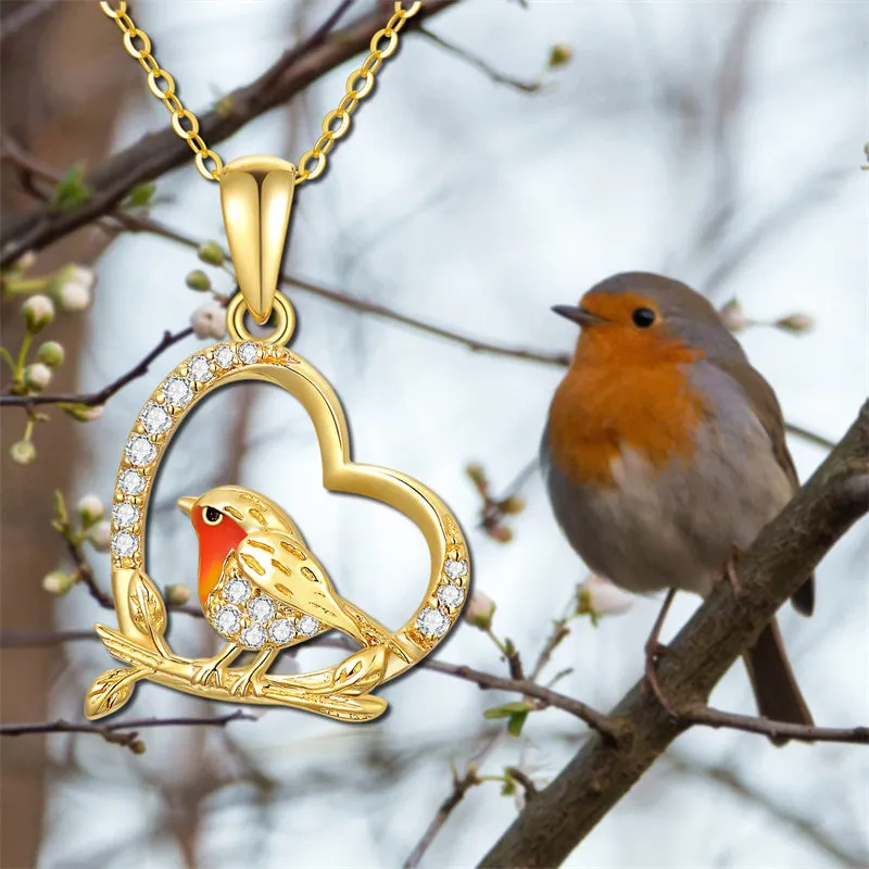 14K Gold Robin Bird Necklace for Women Mom, Solid Gold Heart Pendant with Mocking Bird Mothers Day Gift for Wife Girlfriend Her 16'' 1'' 1''