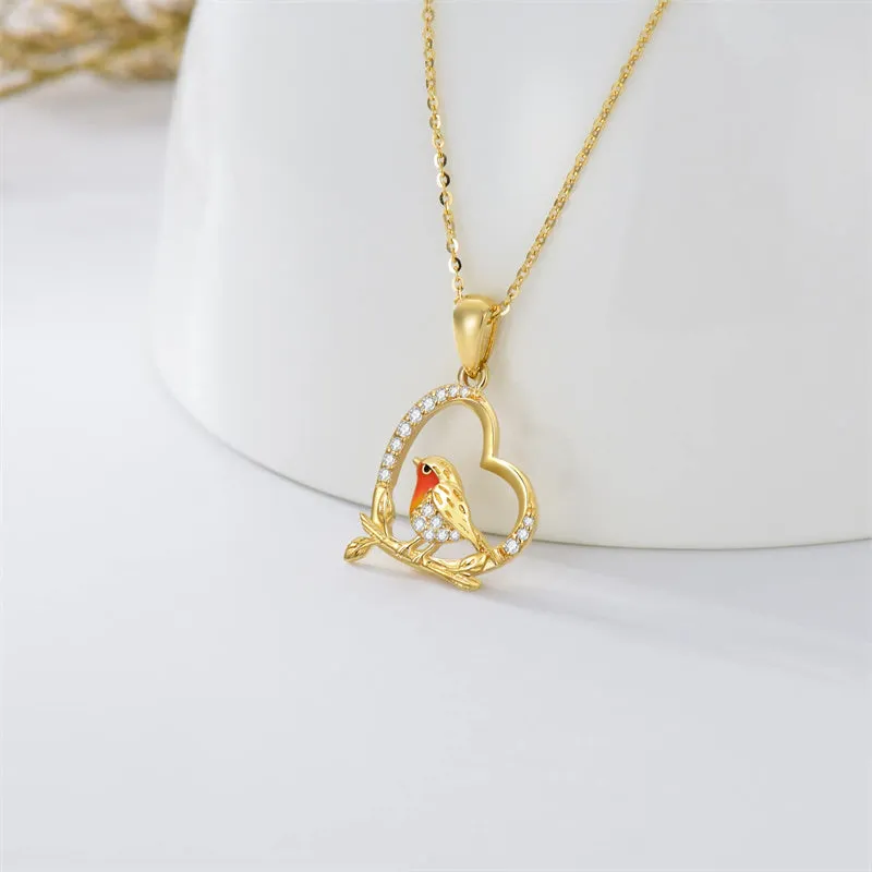 14K Gold Robin Bird Necklace for Women Mom, Solid Gold Heart Pendant with Mocking Bird Mothers Day Gift for Wife Girlfriend Her 16'' 1'' 1''