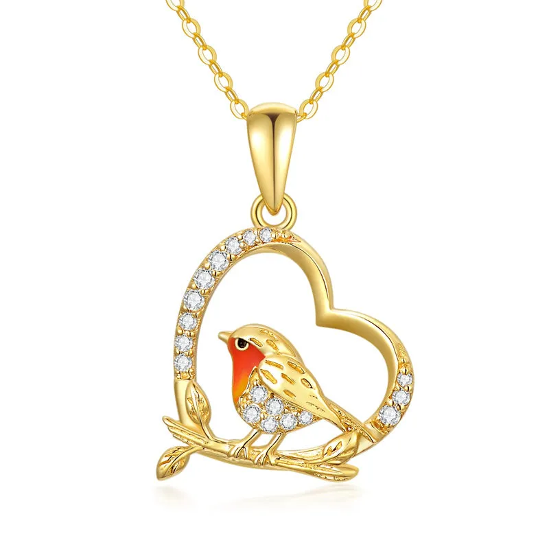 14K Gold Robin Bird Necklace for Women Mom, Solid Gold Heart Pendant with Mocking Bird Mothers Day Gift for Wife Girlfriend Her 16'' 1'' 1''