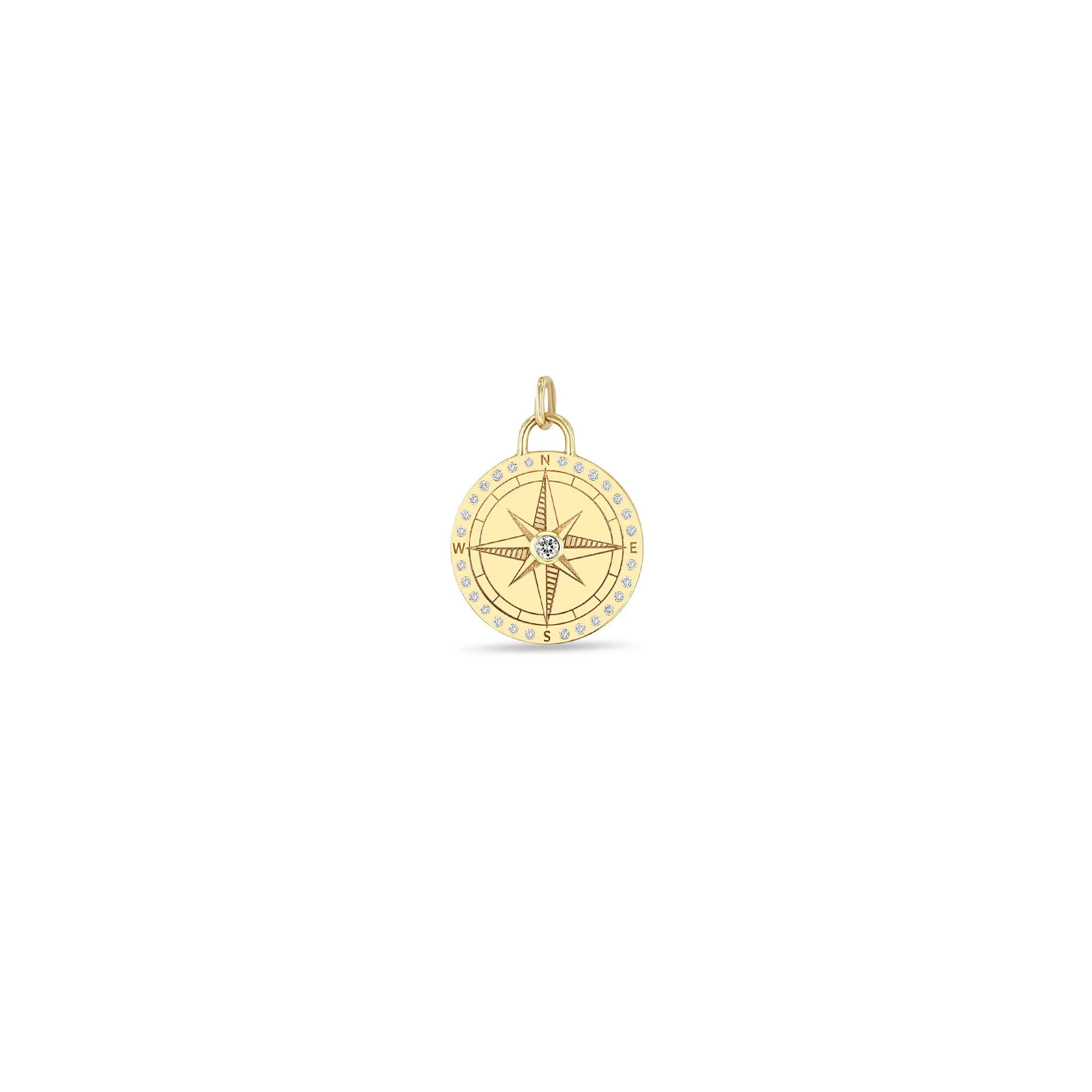 14k Single Small Compass Medallion Charm Pendant