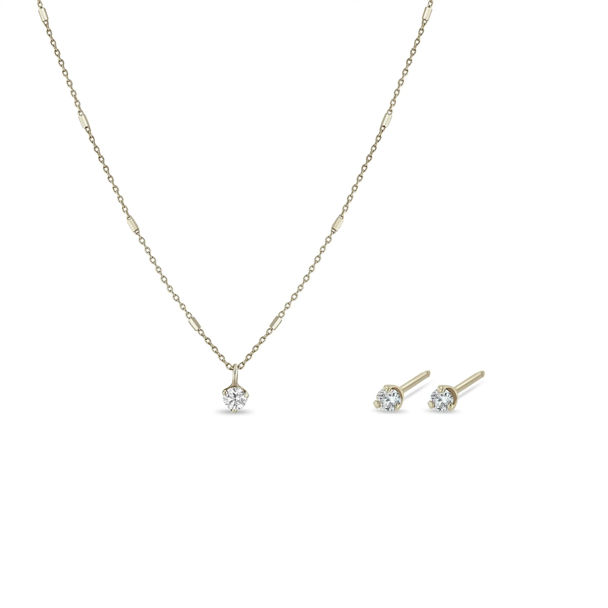 14k Solitaire Diamond Necklace and Earring Suite