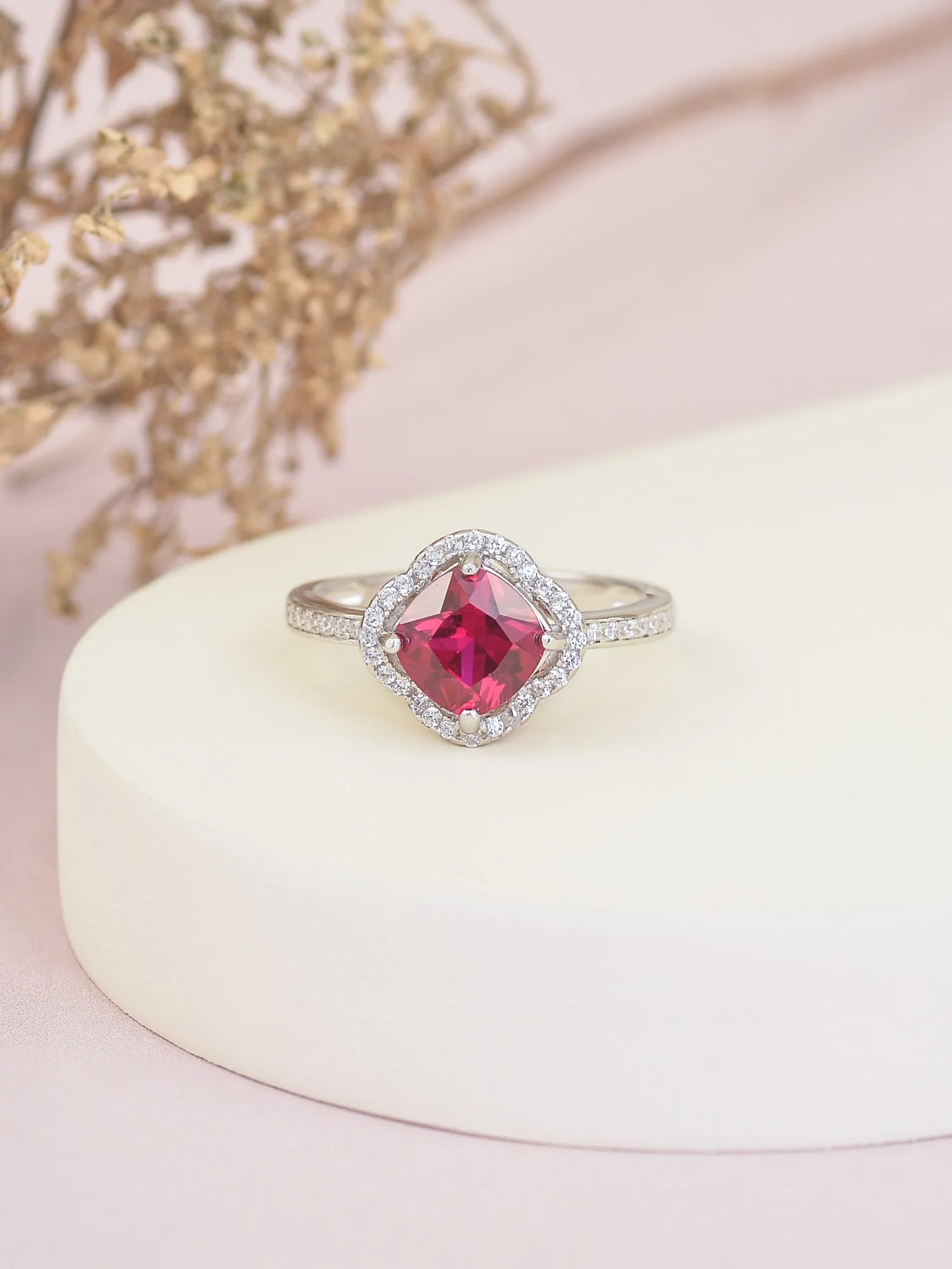 1.5 Carat Ruby Red Flower Halo Ring For Women