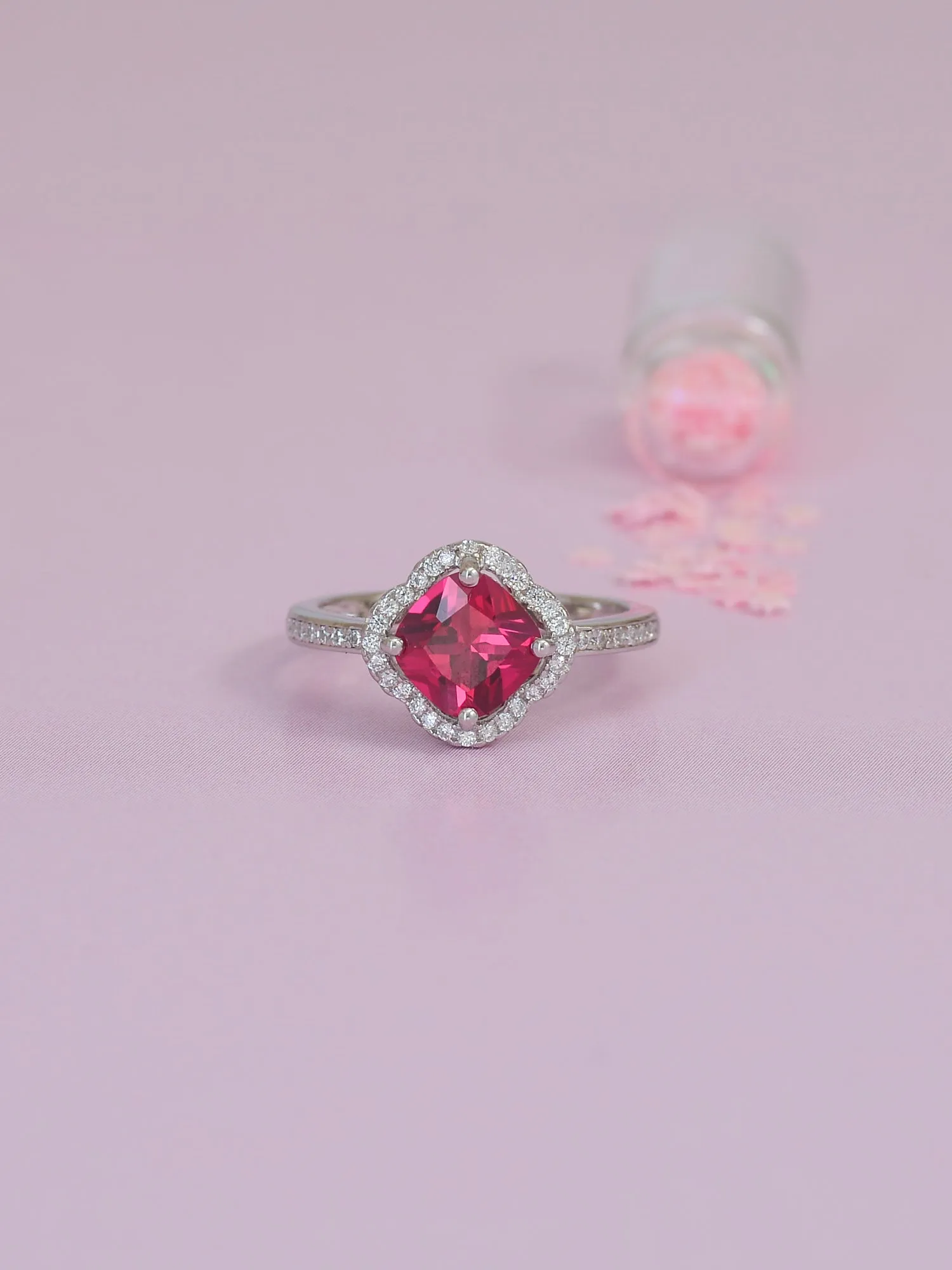 1.5 Carat Ruby Red Flower Halo Ring For Women