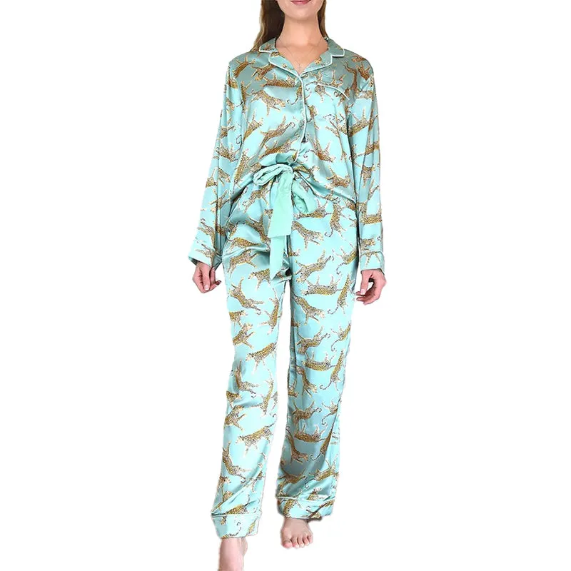 8 OAK LANE | Luxe Satin Ruffle Pant PJ Set - Sage Leopard