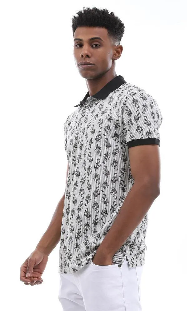 95007 Printed Striped & Leaves Buttoned Off White & Black Polo Shirt