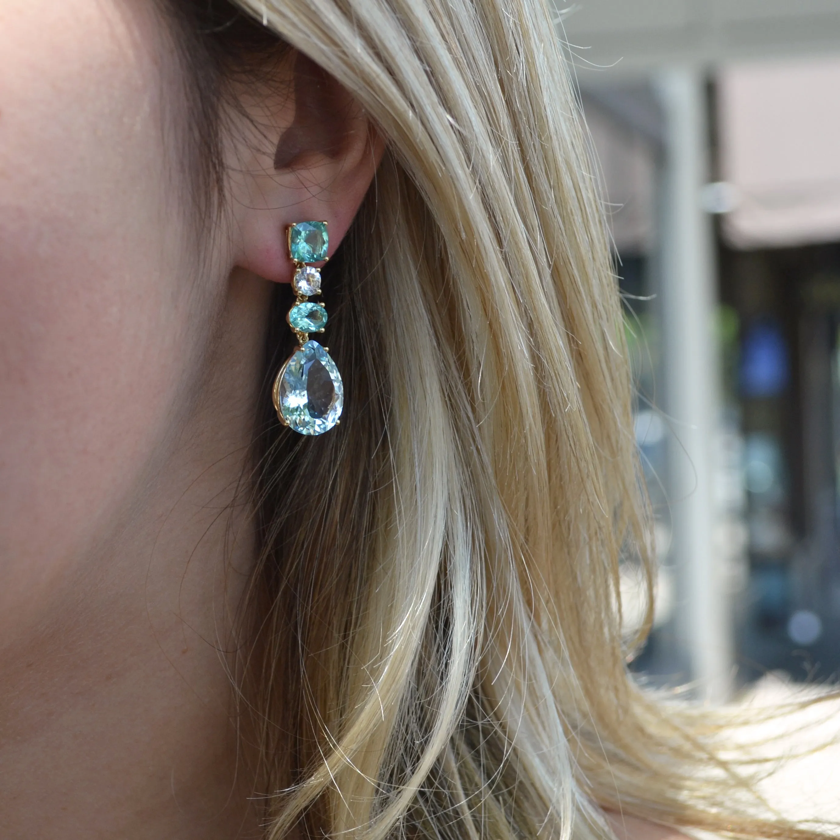 A & Furst - Party - Drop Earrings with Apatite, Aquamarine and Sky Blue Topaz, 18k Yellow Gold