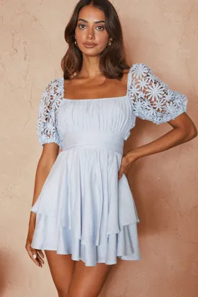 Abby Lace Puff Sleeve Tie-Up Back Dress Steel Blue