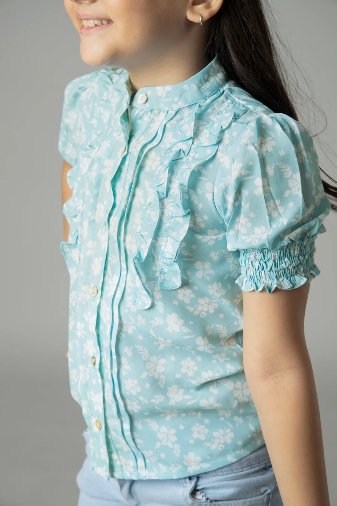 Adorable Floral Ruffled Shirt For Girls