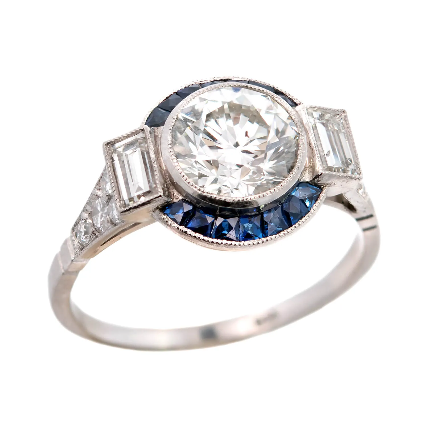 Art Deco Style Platinum Diamond   Sapphire Engagement Ring 1.74ct center