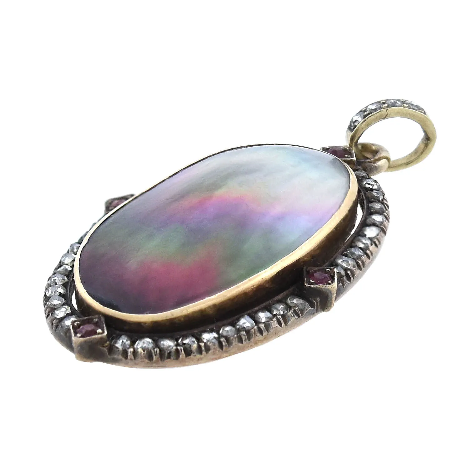 Art Nouveau 14kt Diamond   Ruby Abalone Shell Pendant