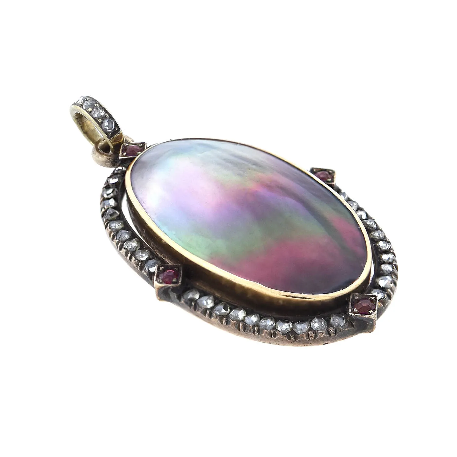 Art Nouveau 14kt Diamond   Ruby Abalone Shell Pendant