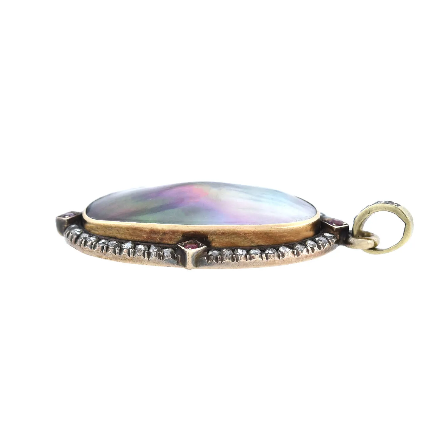 Art Nouveau 14kt Diamond   Ruby Abalone Shell Pendant