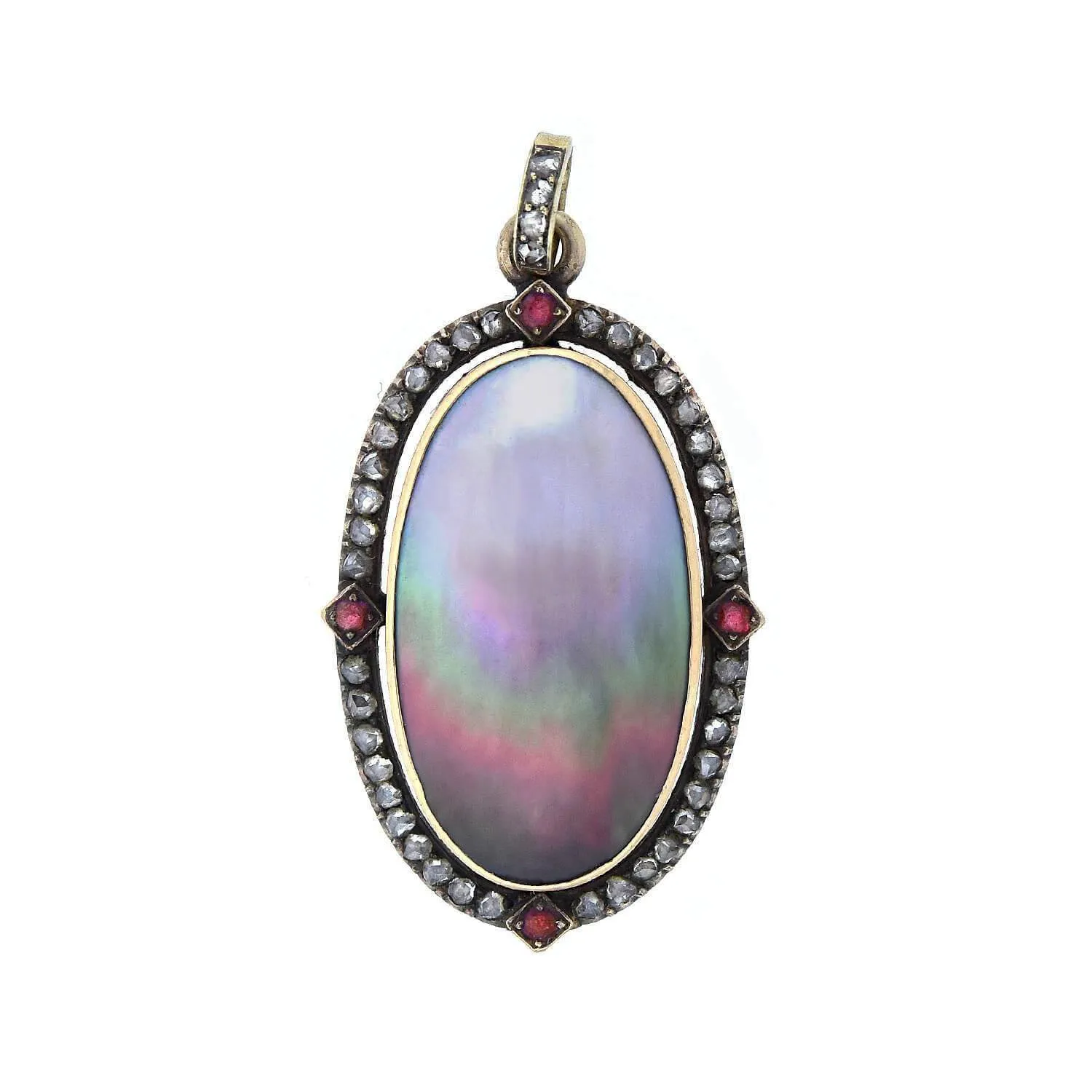 Art Nouveau 14kt Diamond   Ruby Abalone Shell Pendant