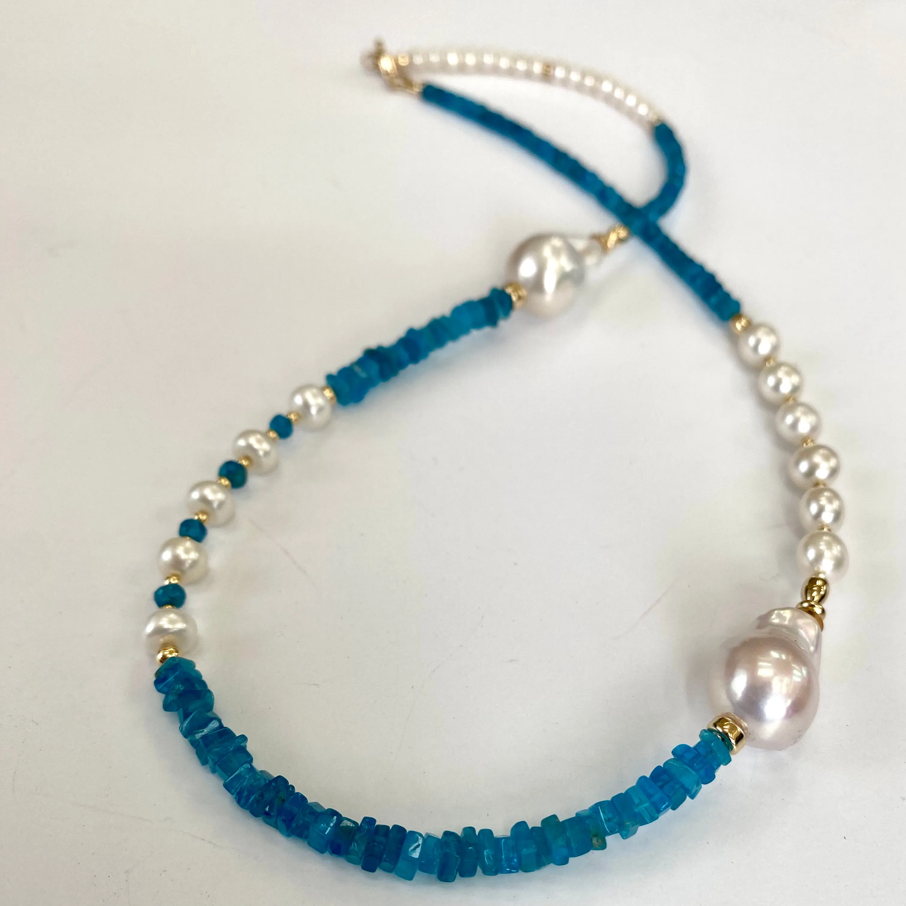 Asymmetric Blue Apatite & Freshwater Baroque Pearl Necklace, Gold Filled, 19inch