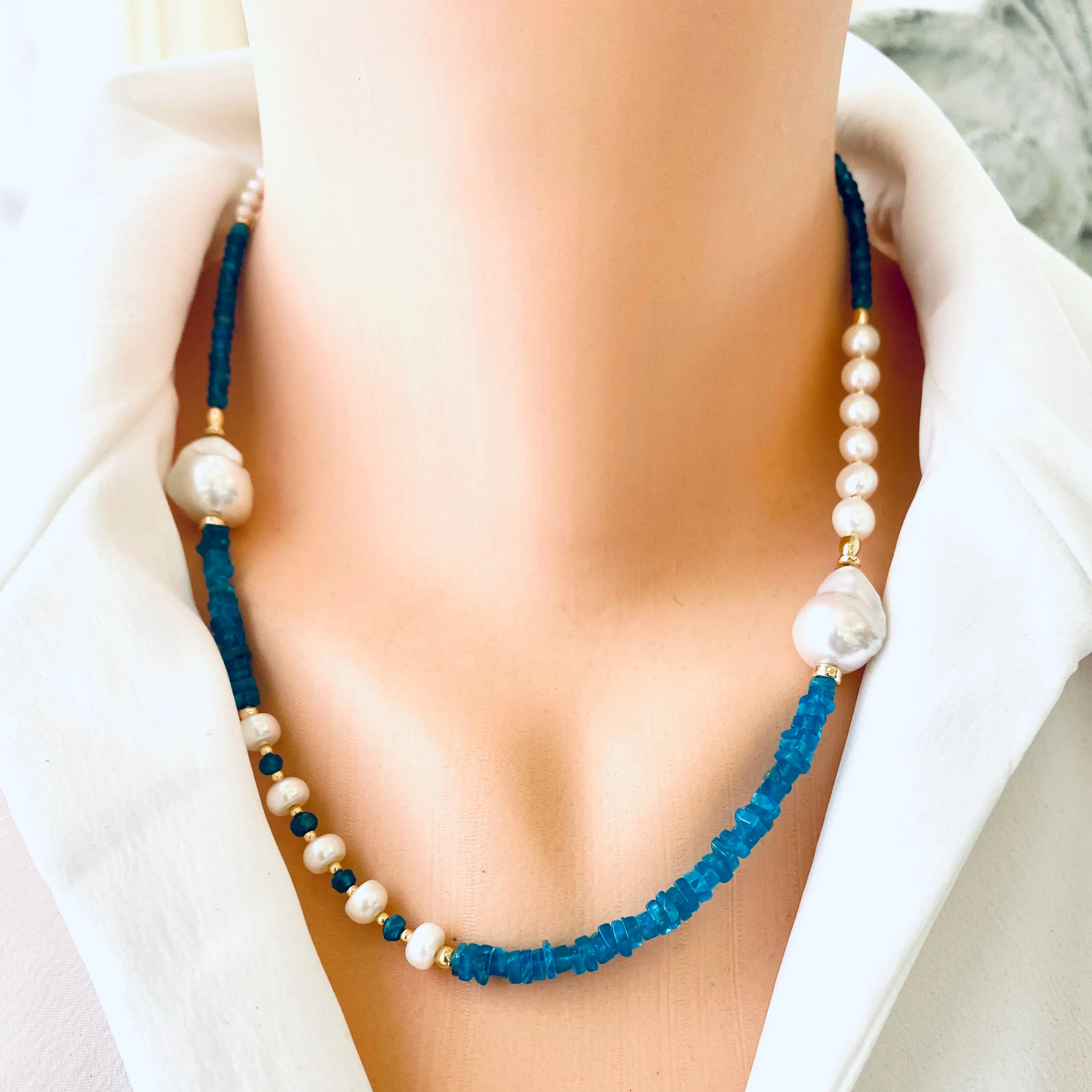 Asymmetric Blue Apatite & Freshwater Baroque Pearl Necklace, Gold Filled, 19inch