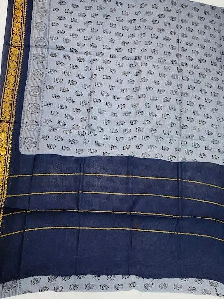 Beautiful Grey Color Pure Sungudi Cotton Saree With Blue Contrast Zari Border