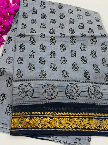 Beautiful Grey Color Pure Sungudi Cotton Saree With Blue Contrast Zari Border