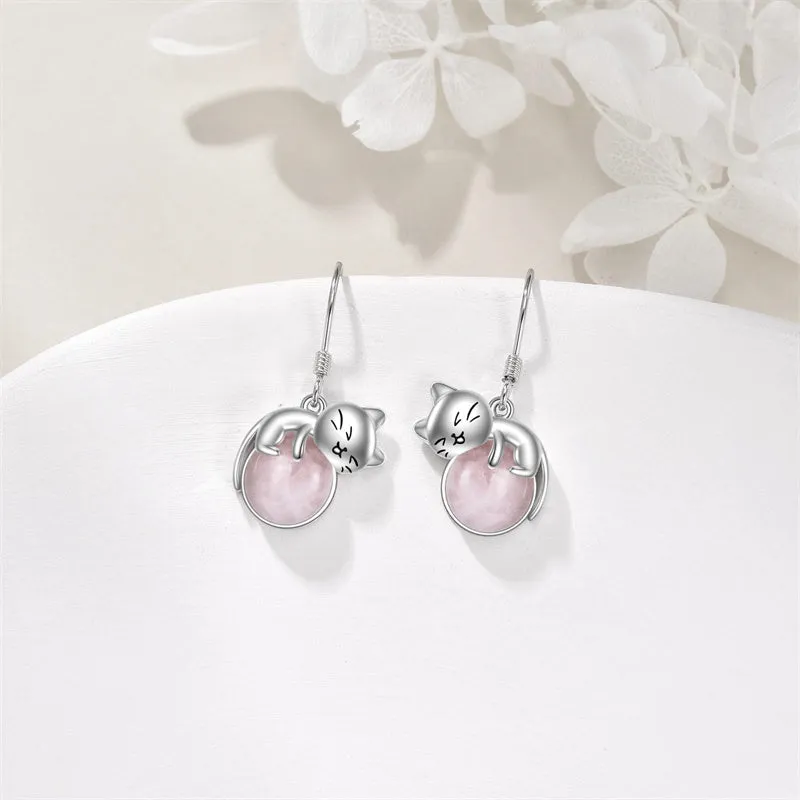 Birthstone Cat Earrings Jewelry for Women 925 Sterling Silver Rose Quartz Dangle Earrings for Girls