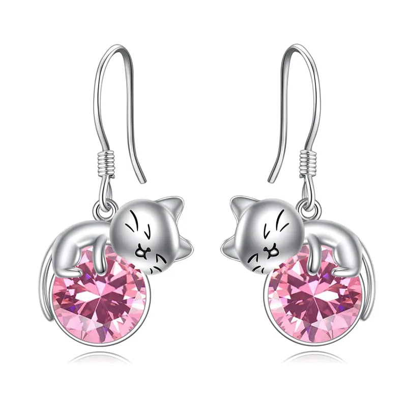 Birthstone Cat Earrings Jewelry for Women 925 Sterling Silver Rose Quartz Dangle Earrings for Girls