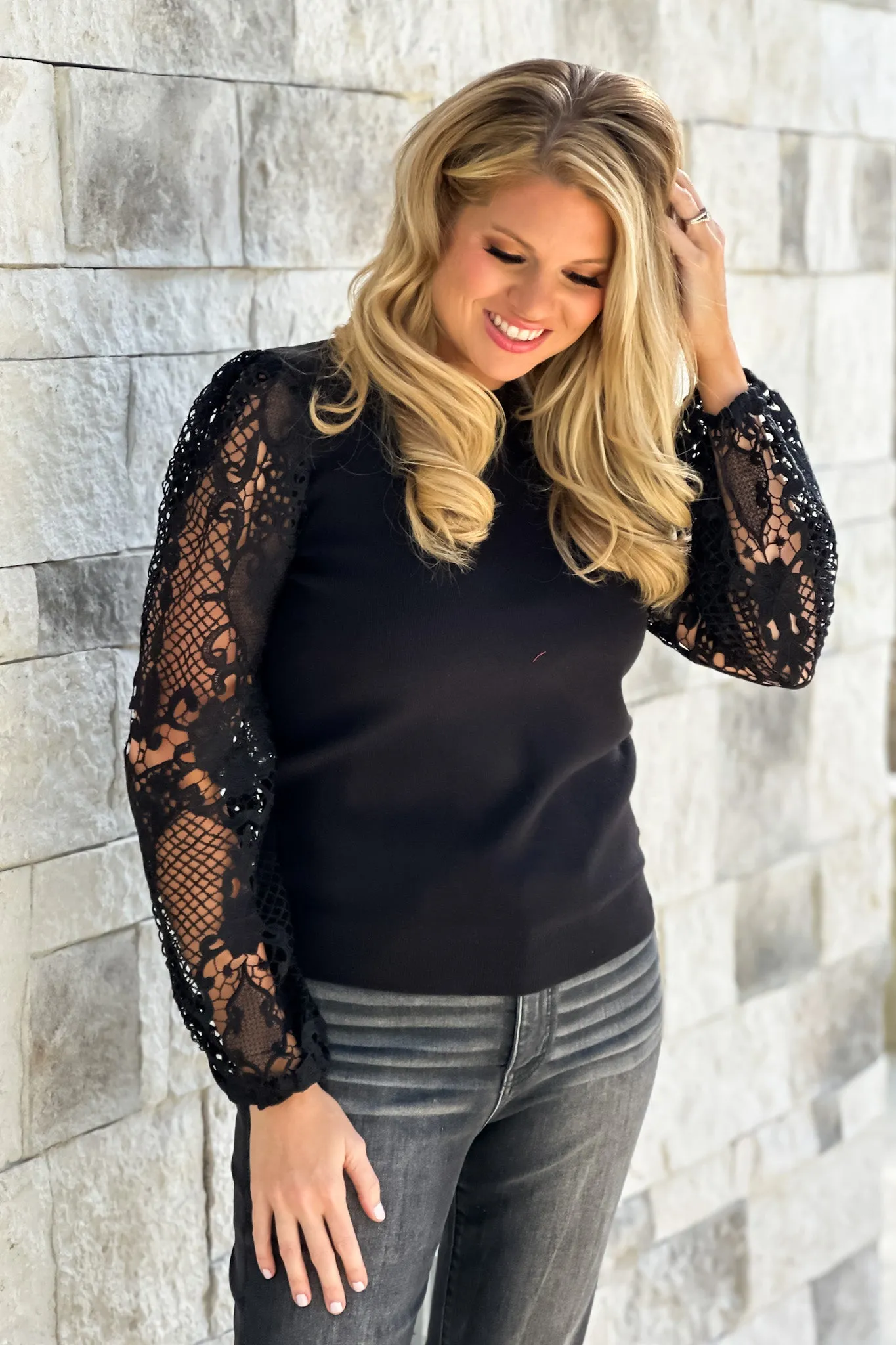 Blissful Thoughts Crochet Sleeve Sweater : Black