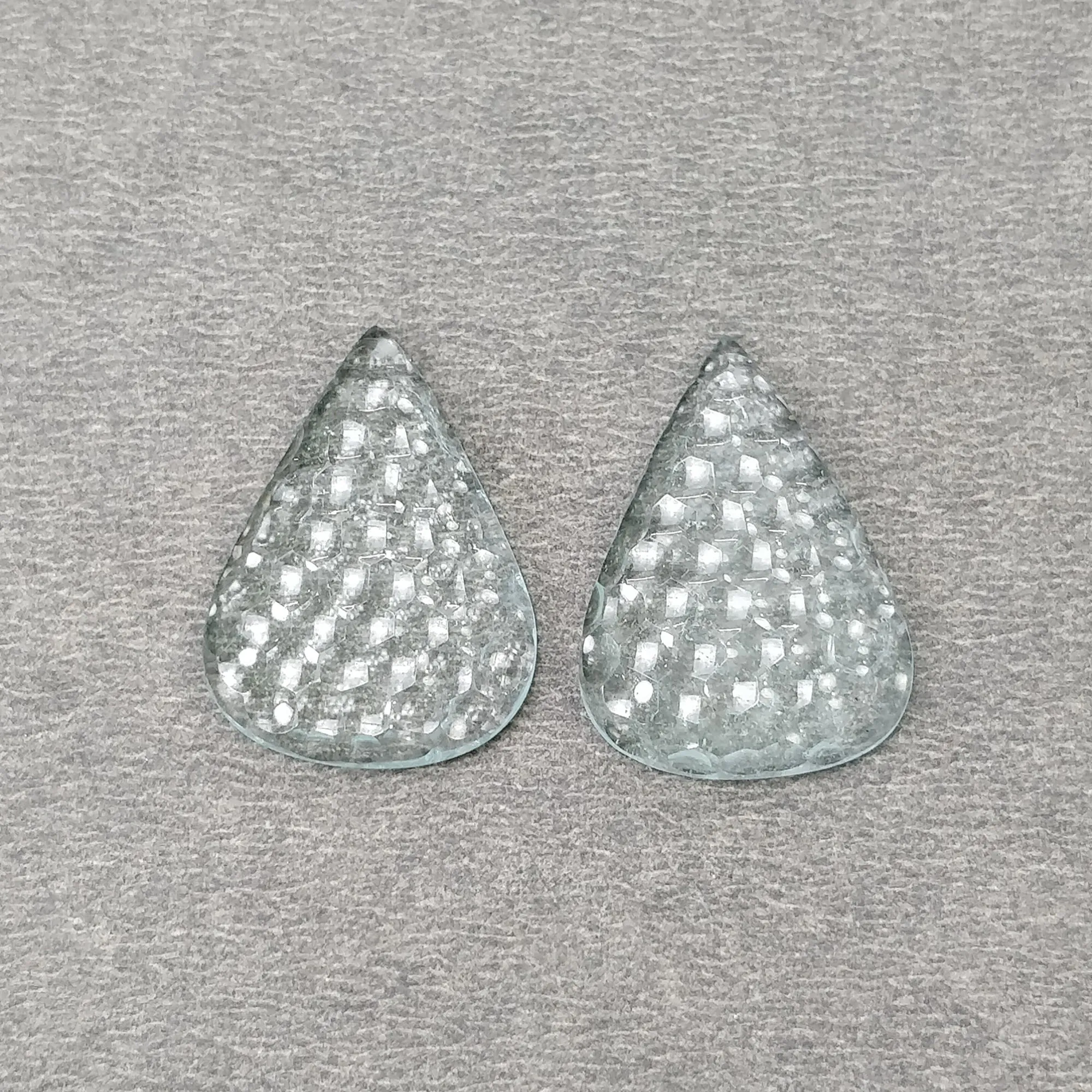 BLUE AQUAMARINE Gemstone Carving : 15.05cts Natural Untreated Aqua Both Side Hand Carved Pear Shape 22.5*16.5mm Pair