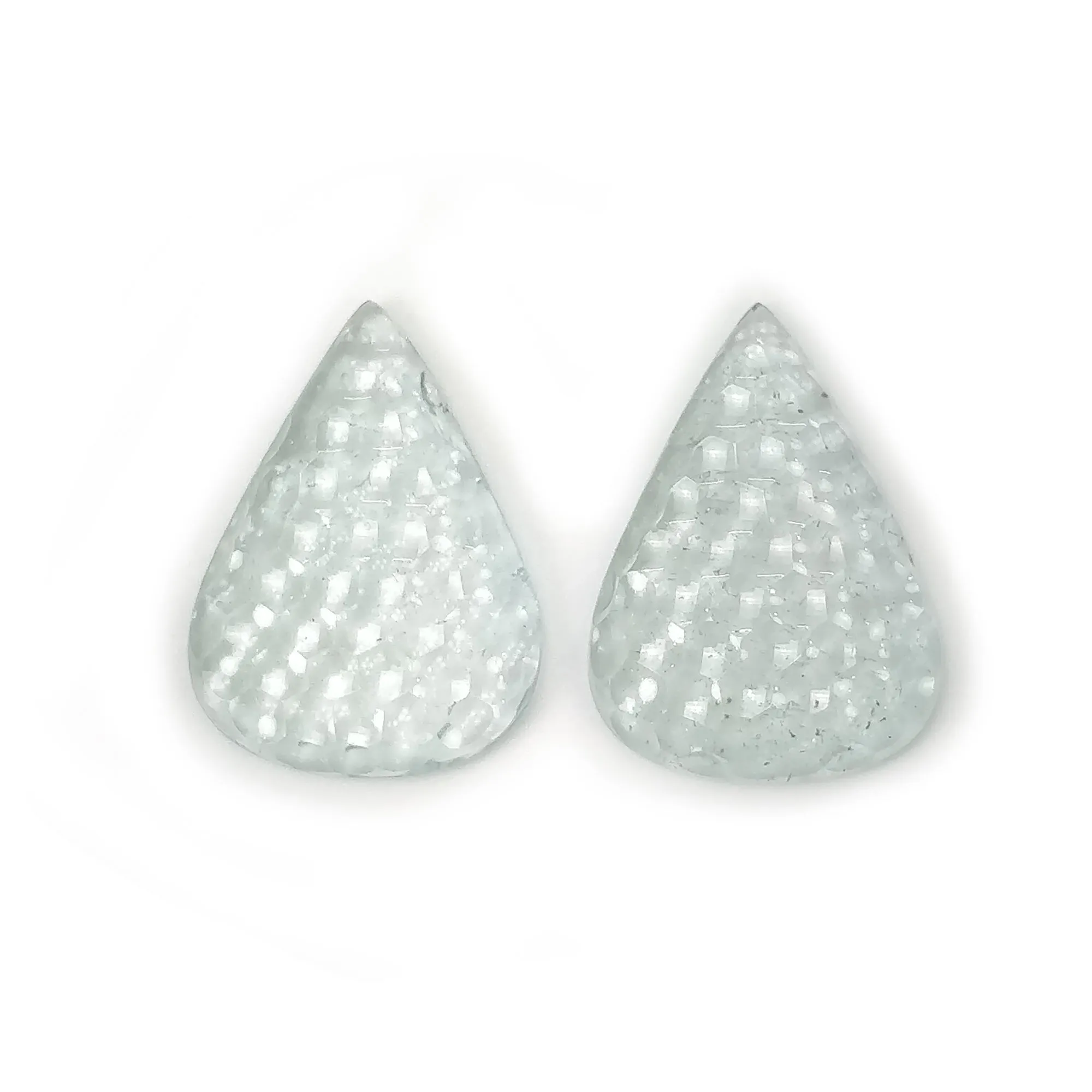 BLUE AQUAMARINE Gemstone Carving : 15.05cts Natural Untreated Aqua Both Side Hand Carved Pear Shape 22.5*16.5mm Pair