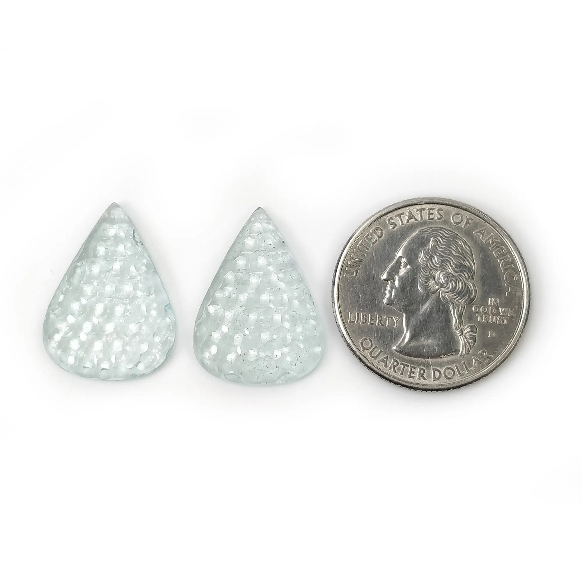 BLUE AQUAMARINE Gemstone Carving : 15.05cts Natural Untreated Aqua Both Side Hand Carved Pear Shape 22.5*16.5mm Pair