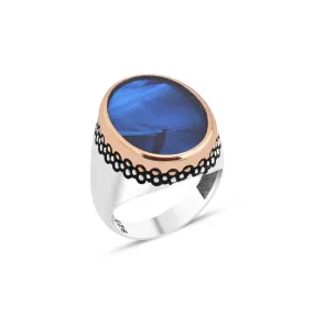 Blue Enamel Ellipse Silver Men's Ring with Pointed Top Pattern