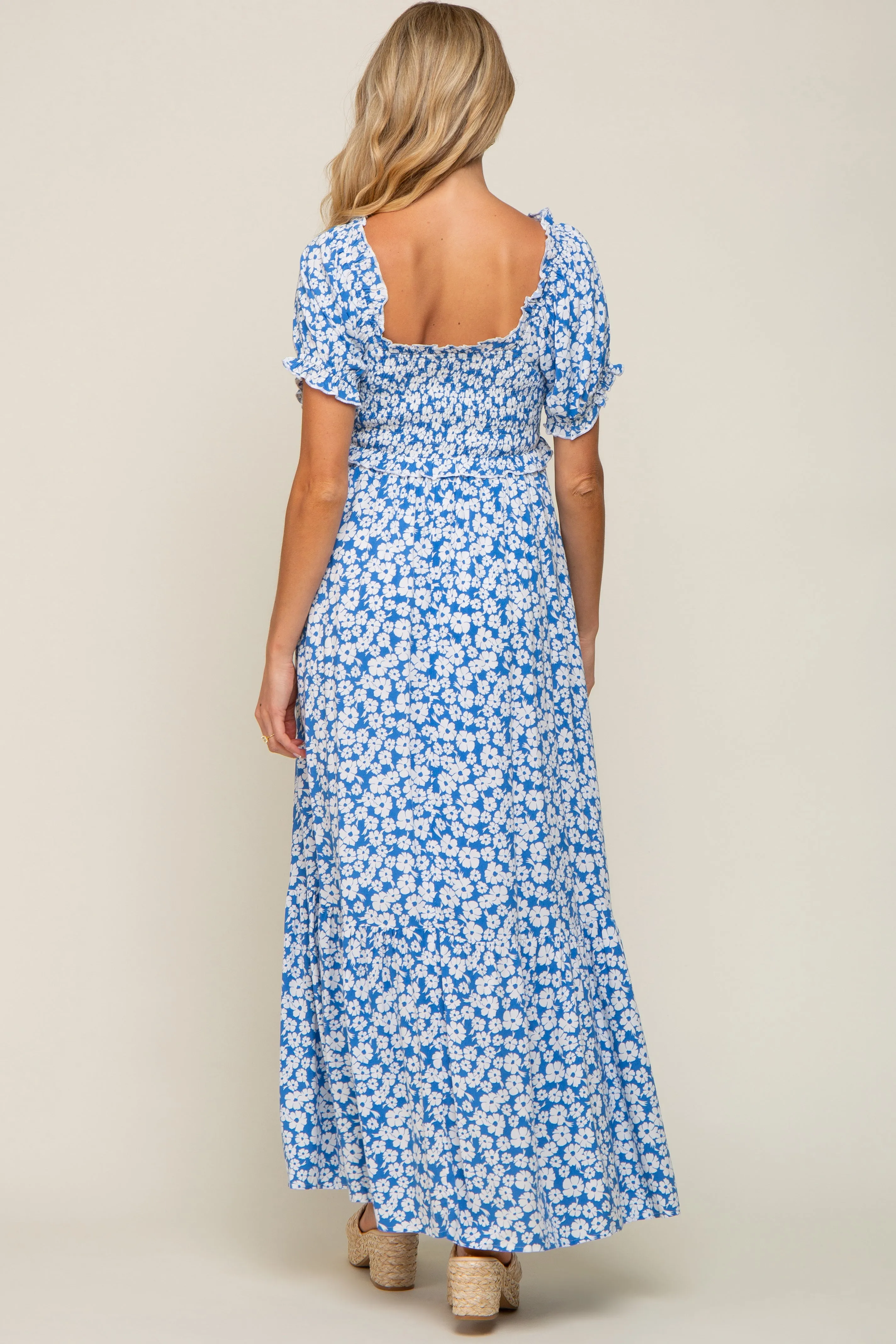 Blue Floral Cinched Bust Maternity Maxi Dress