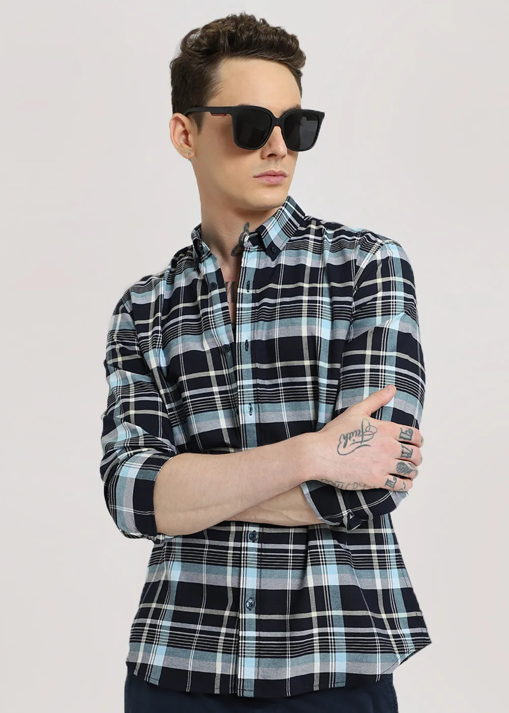 Blue Plaid Cotton Check Shirt