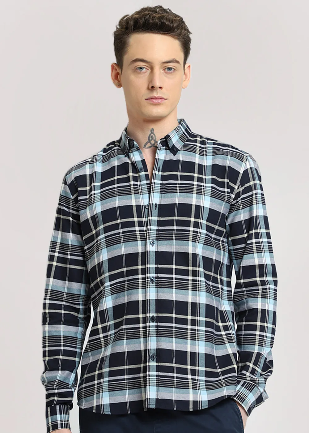 Blue Plaid Cotton Check Shirt