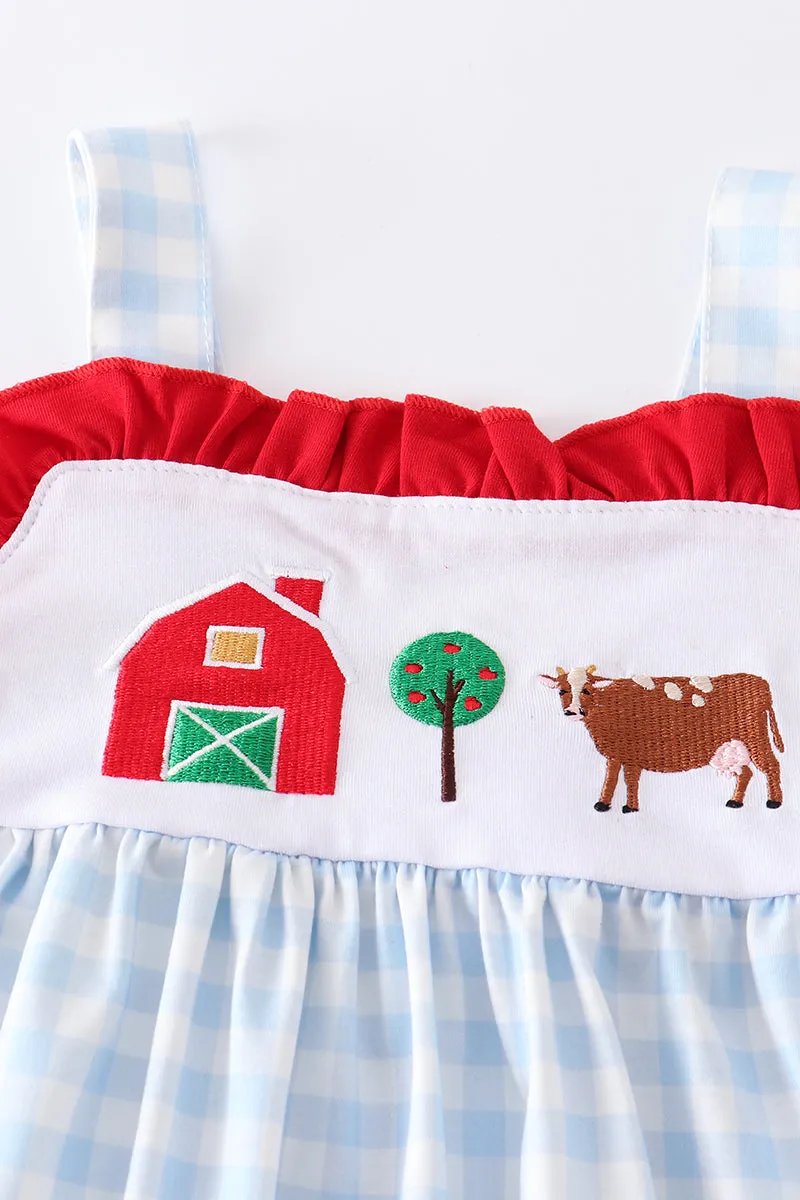 Blue plaid farm embroidery girl set