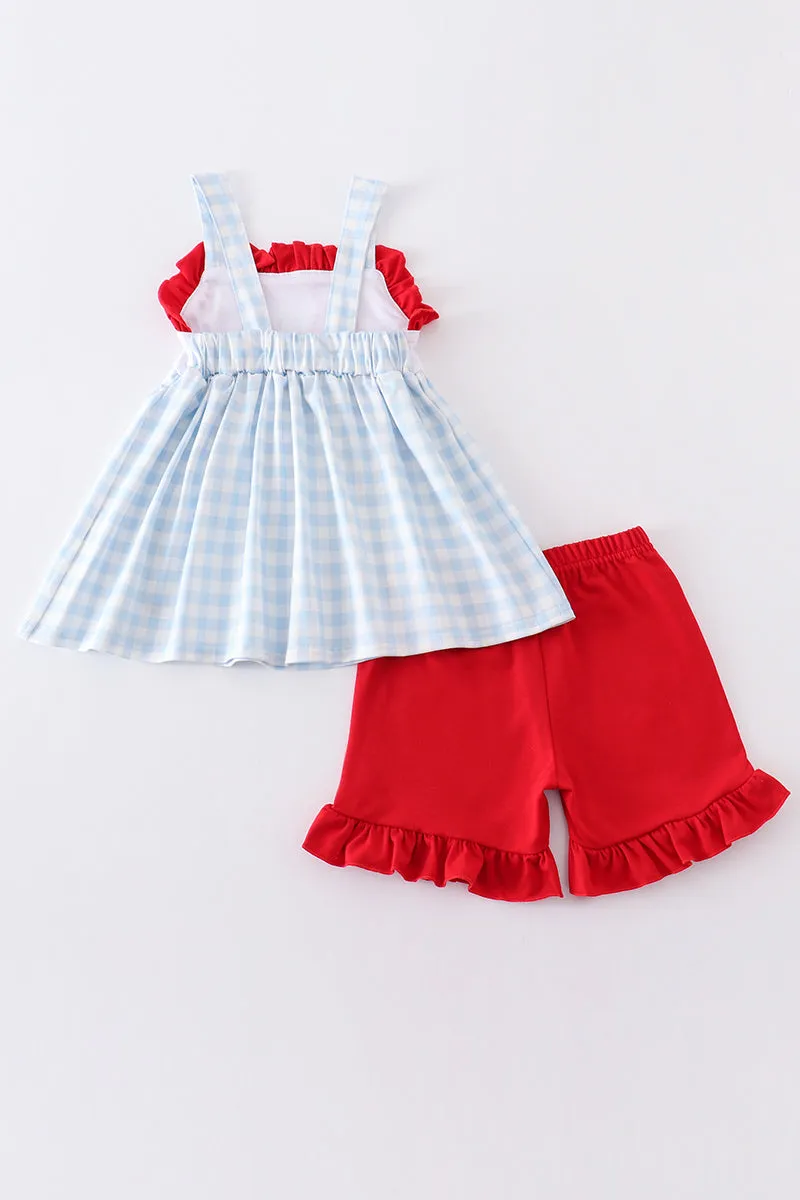 Blue plaid farm embroidery girl set