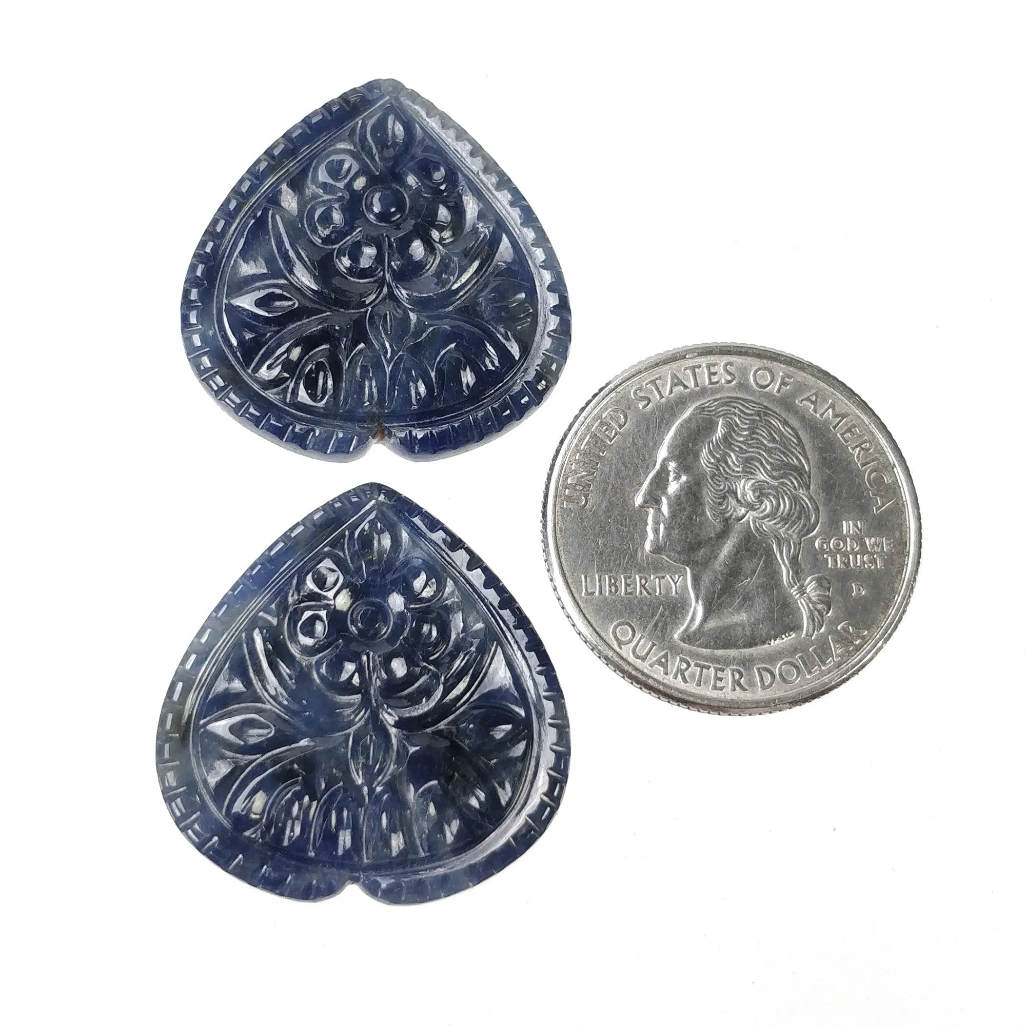 BLUE SAPPHIRE Gemstone Carving : 47.50cts Natural Untreated Unheated Sapphire Hand Carved Heart Shape 26*25mm Pair (With Video)