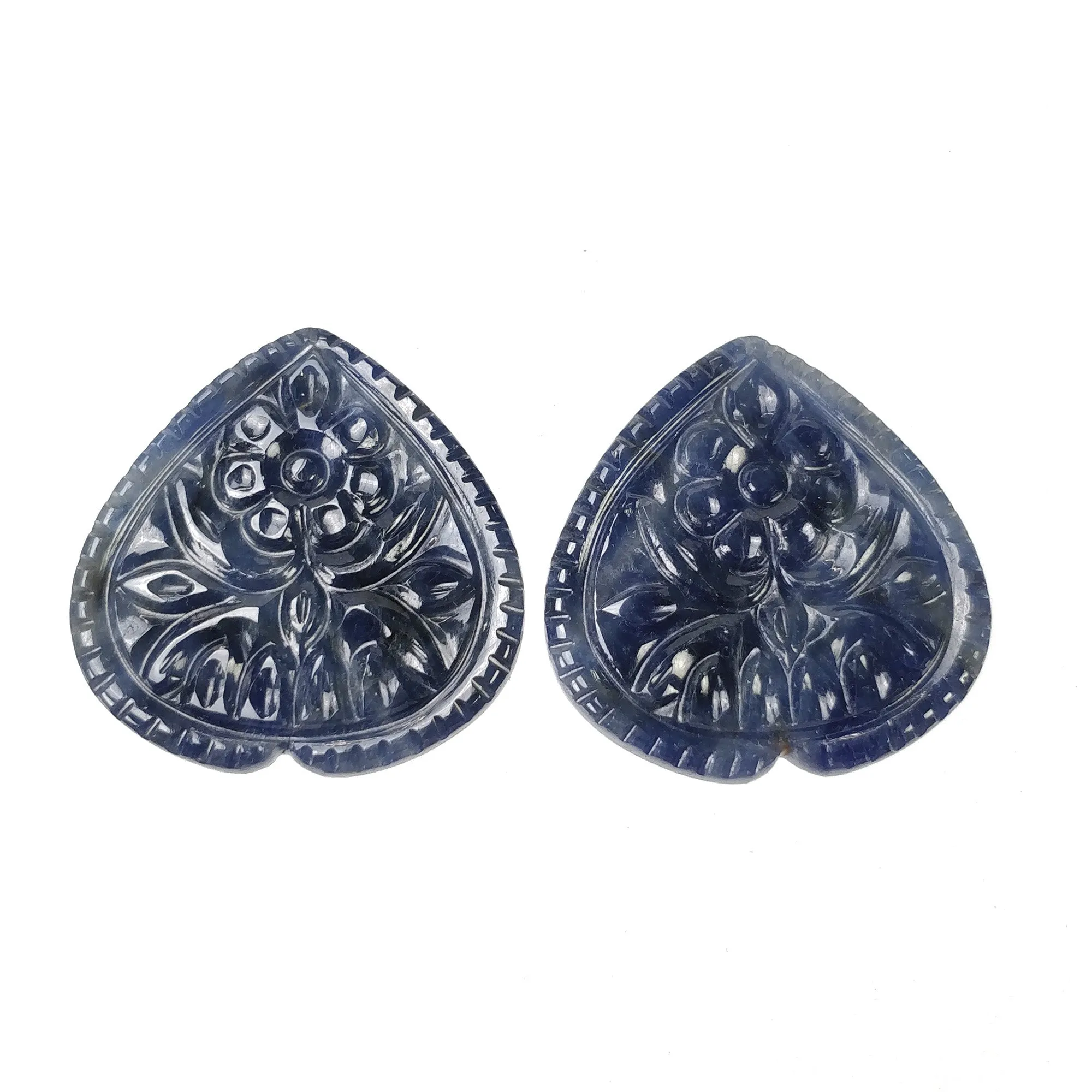 BLUE SAPPHIRE Gemstone Carving : 47.50cts Natural Untreated Unheated Sapphire Hand Carved Heart Shape 26*25mm Pair (With Video)