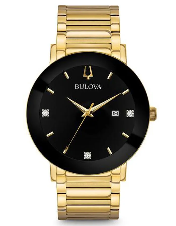 Bulova Mens Modern Diamond Watch - Gold-Tone - Black Dial - Diamonds - Bracelet