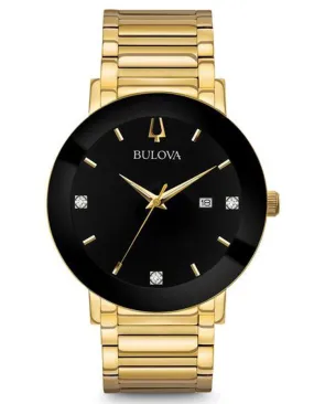 Bulova Mens Modern Diamond Watch - Gold-Tone - Black Dial - Diamonds - Bracelet