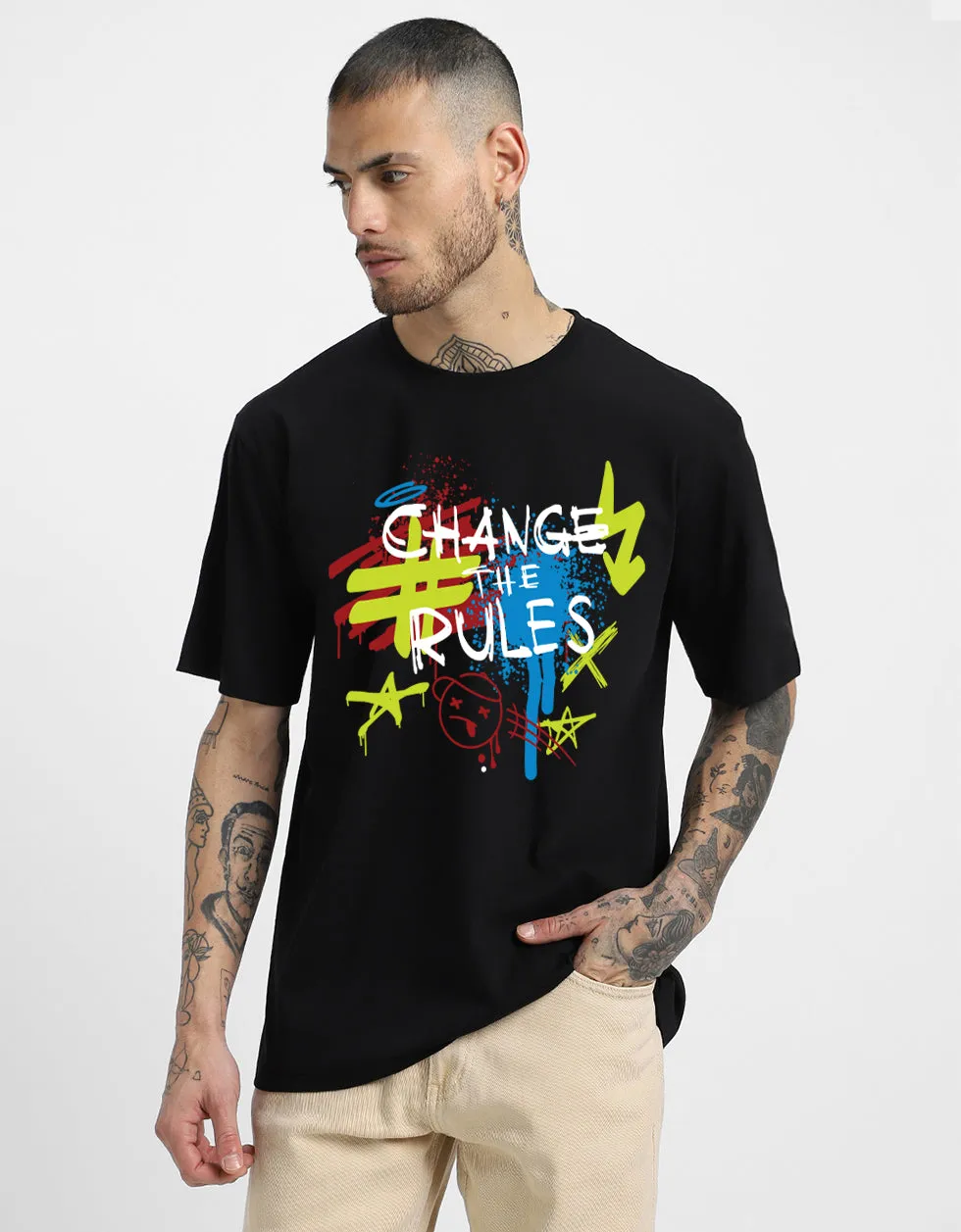 CHANGE THE RULE Black Oversized Front Typographic Printed Tshirt