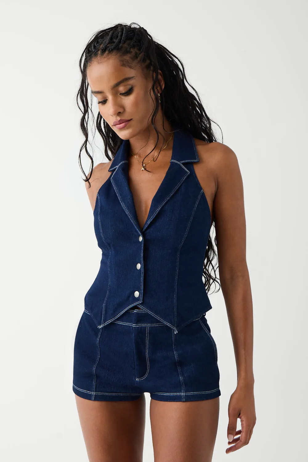 Charly Denim Halter Top - Blue Denim