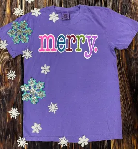 {CHRISTMAS CUPCAKE} Colorful MERRY Glitter Violet Crew Neck Tee