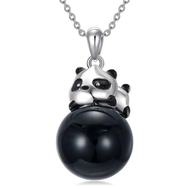 Christmas Gifts for Women Girls Mother Panda Necklace Sterling Silver Black Agate Panda Pendant Cute Panda Jewelry for Women