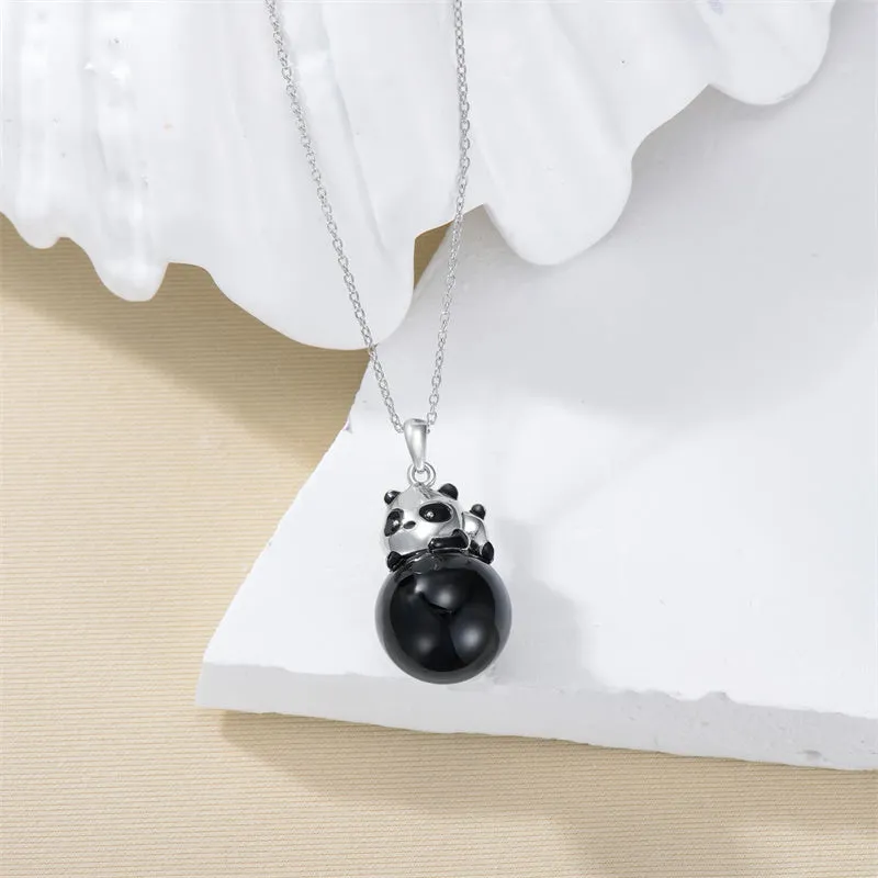 Christmas Gifts for Women Girls Mother Panda Necklace Sterling Silver Black Agate Panda Pendant Cute Panda Jewelry for Women