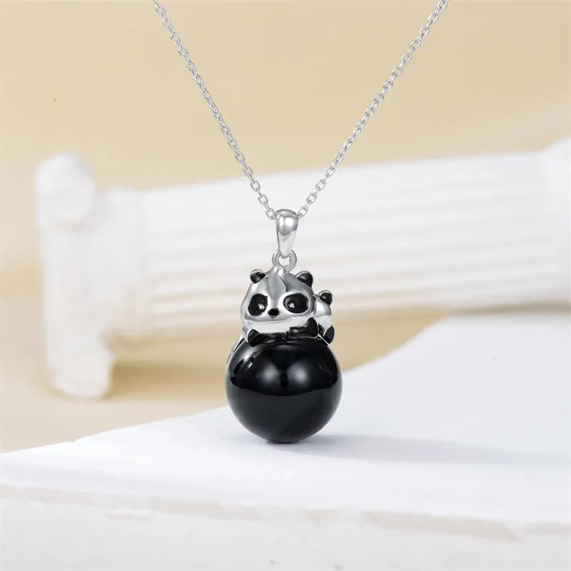 Christmas Gifts for Women Girls Mother Panda Necklace Sterling Silver Black Agate Panda Pendant Cute Panda Jewelry for Women