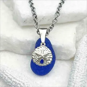 Cobalt Blue Sea Glass Jellybean Pendant with Sand Dollar Charm | #5035