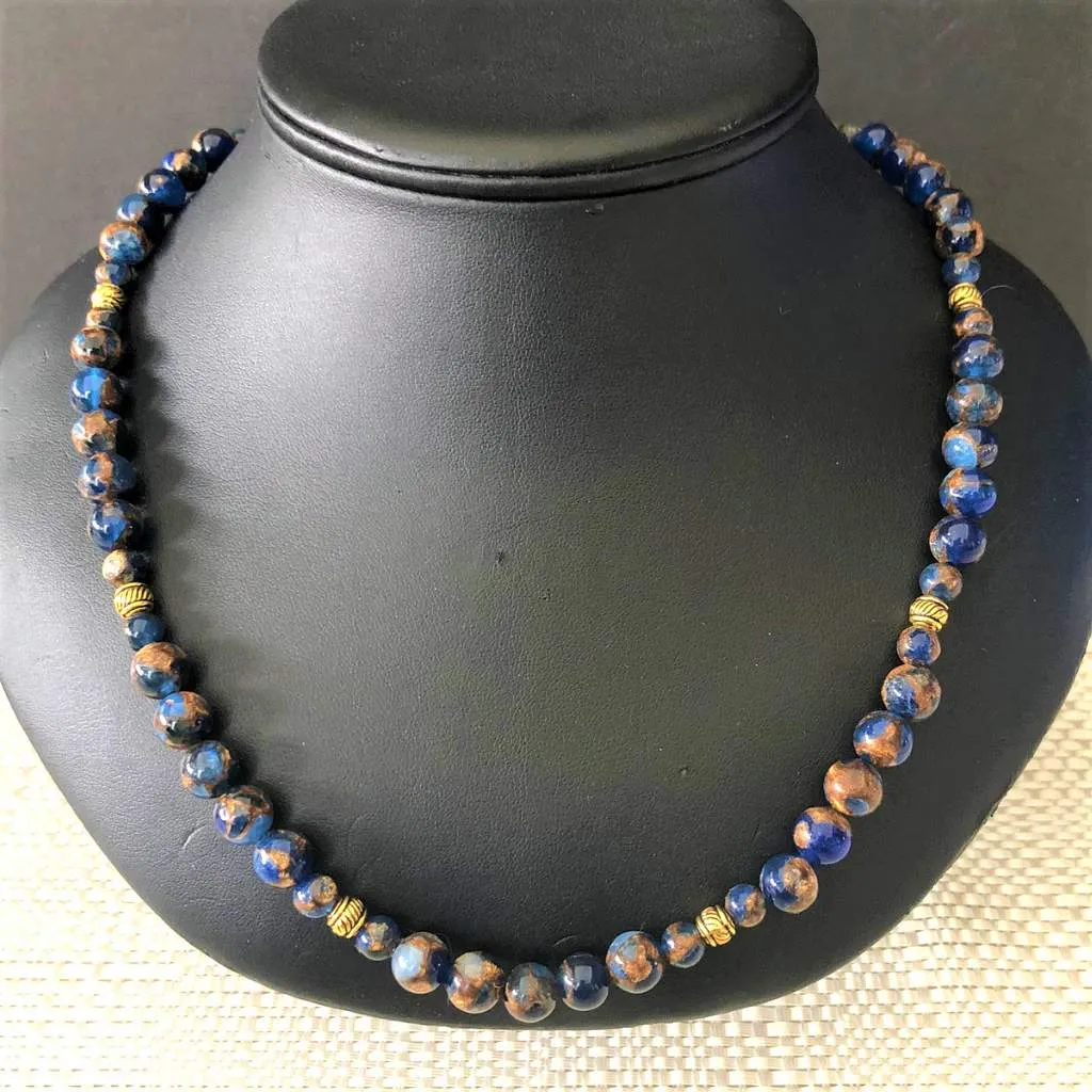 Cobalt Opal With Bronzite Marbled Quartz Beaded Mens Necklace