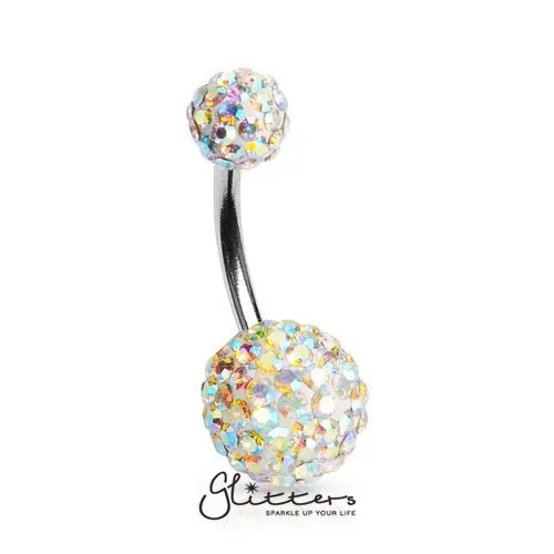 Crystal Cluster Ferido Double Disco Ball Navel Belly Button Ring-Aurora Borealis