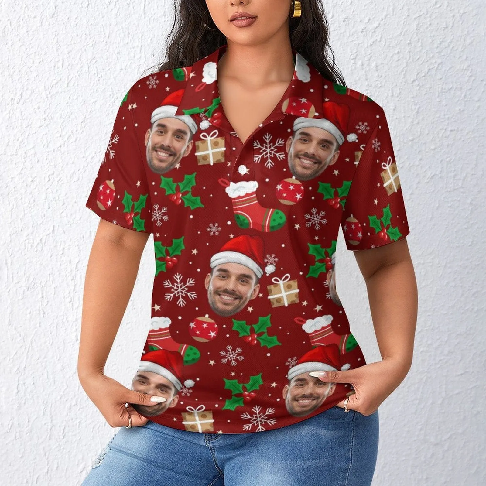 Custom Face Red Christmas Hat Women's Polo Shirt