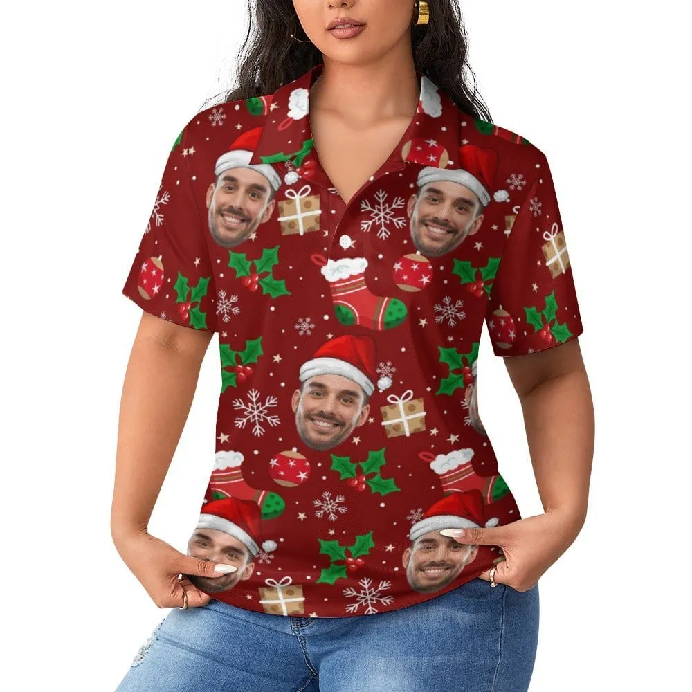 Custom Face Red Christmas Hat Women's Polo Shirt