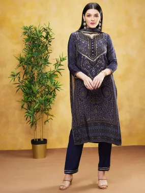 Deep Blue Bandhej Printed Premium Silk Pants Set