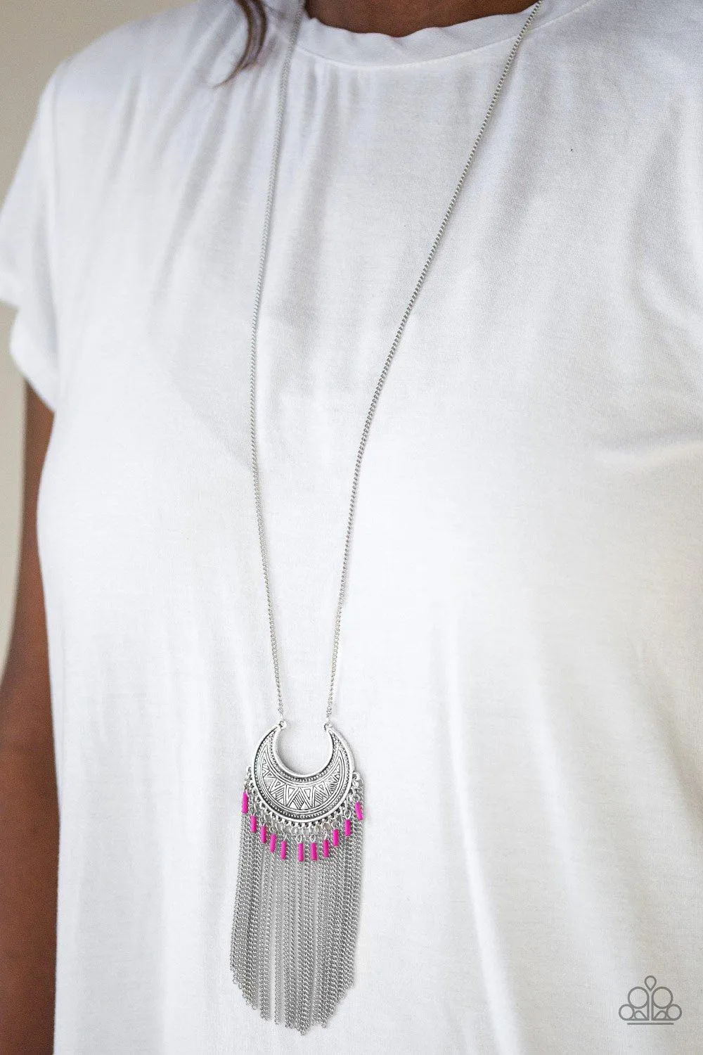 Desert Coyote Long Pink and Silver Fringe Necklace - Paparazzi Accessories